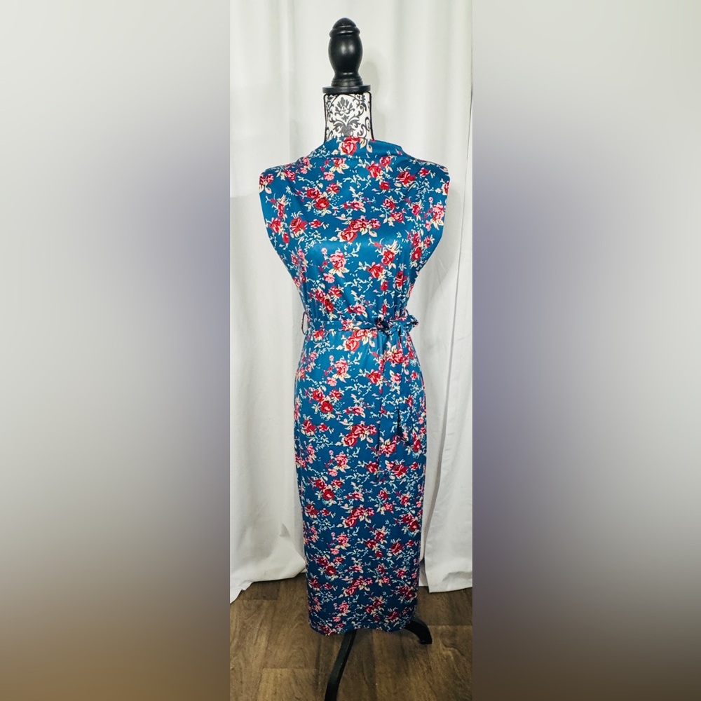 SHEIN Blue Floral Midi Dress with Pink and Red Bloom Print